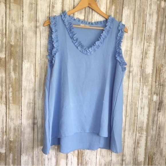 JODIFL Tops - Jodifl Blue Ruffle Edge Sleeveless High Low Blouse